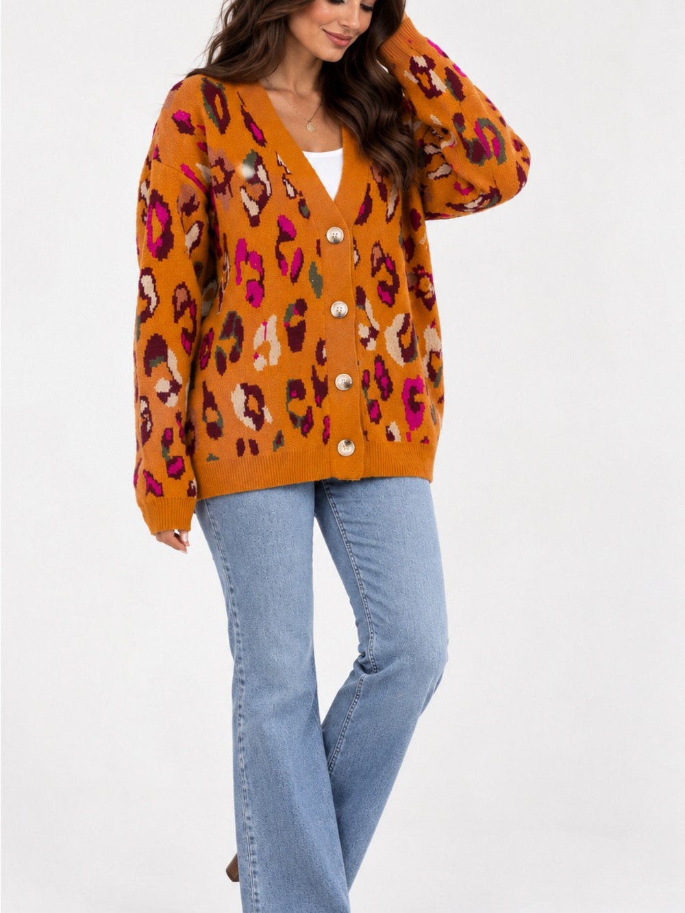 Women's Mustard Leopard Print Button-Front Cardigan Sweater warm jacket size M